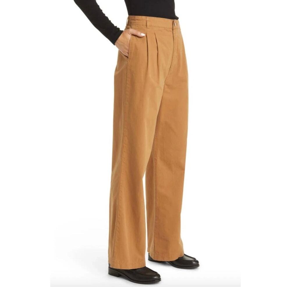 Frame Pleated Wide Leg Trousers Pants Womens 27 Camel Brown Cotton Twill